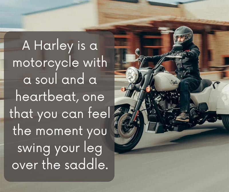 A Harley is a motorcycle with a soul and a heartbeat that you can feel the moment you swing your leg over the saddle